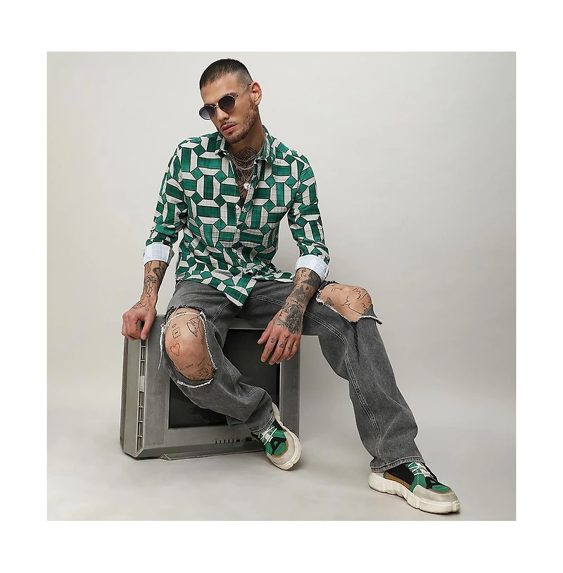 Men's Emerald Green & Ivory White Contrast Block Shirt