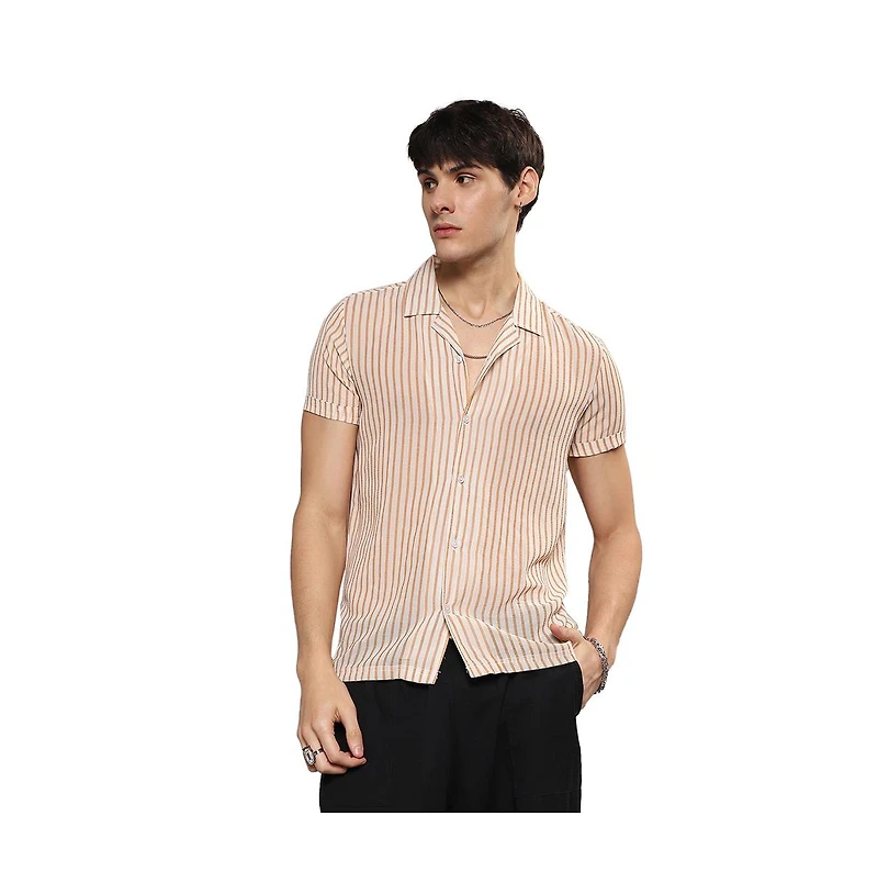 Men's White & Brown Unbalanced Striped Shirt