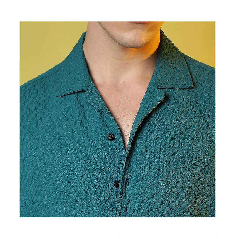 Men's Teal Green Self-Design Creased Striped Shirt