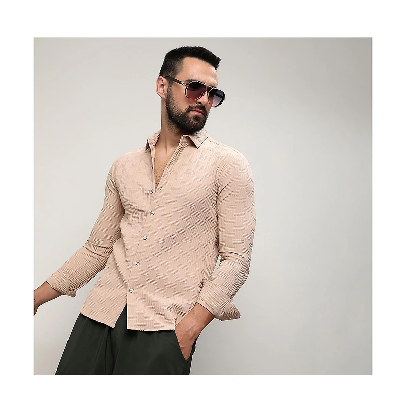 Men's Beige Self-Design Intertwine Shirt