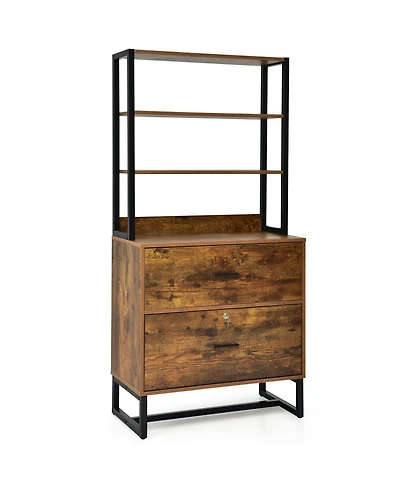 Sugift Letter Size Lateral File Cabinet with Lock and Bookshelf-Rustic