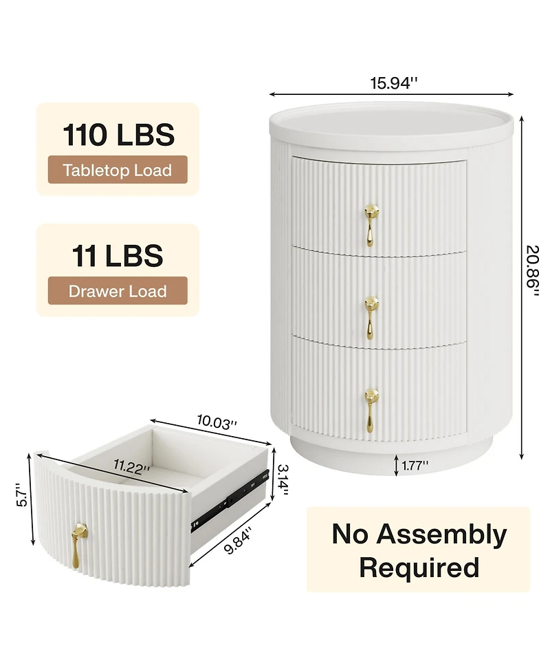 Tribesigns Nightstand with 3 Drawers, No Assembly Bedside Table Night Stand, Modern Round End Side Table with Storage and Gold Handles, White