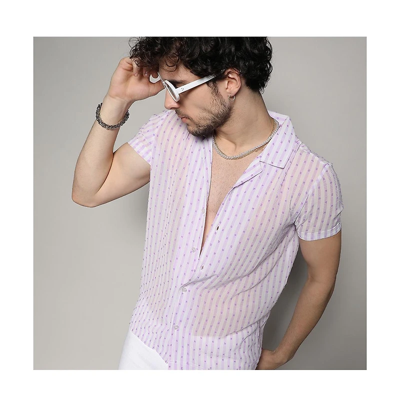Men's White & Lavender Balanced Striped Shirt
