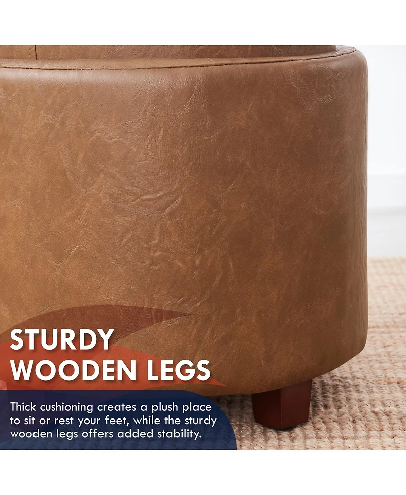 Lawrence Round Faux Leather Storage Ottoman with Table Top Lid