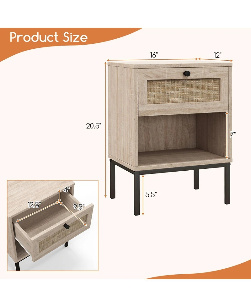 Sugift Rattan Nightstand Boho End Table with Rattan Drawer & Open Shelf