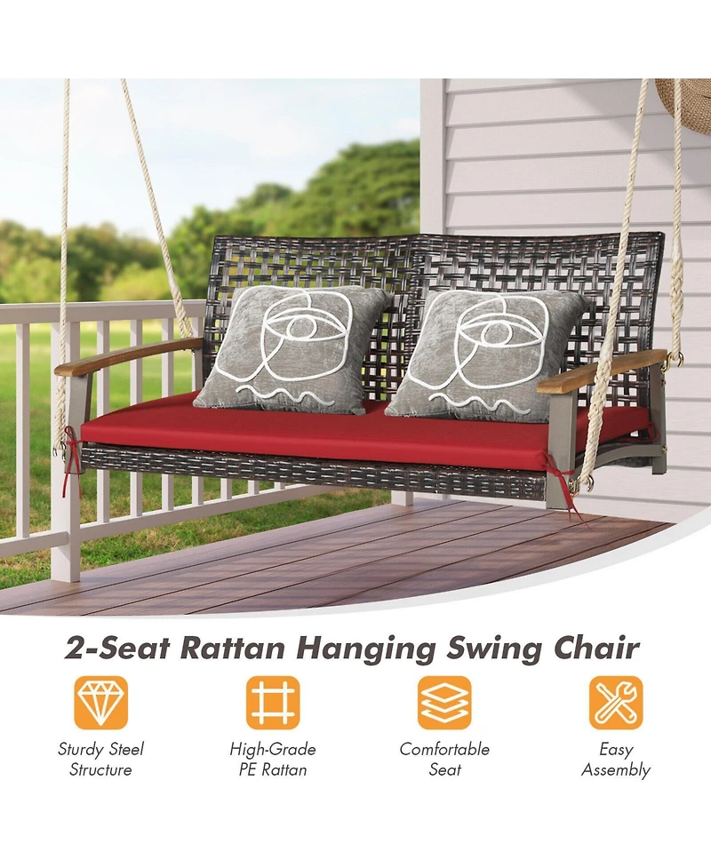 Sugift 2-Person Rattan Hanging Porch Swing Chair