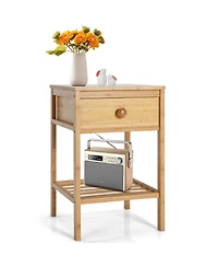 Sugift Set of 2 Bamboo End Tables with Drawer and Open Shelf
