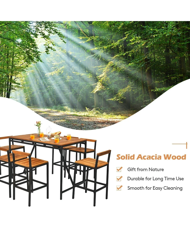 Sugift 7 Pieces Acacia Wood Patio Rattan Bar Set with Umbrella Hole