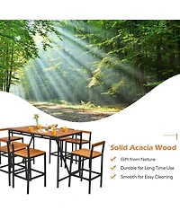 Sugift 7 Pieces Acacia Wood Patio Rattan Bar Set with Umbrella Hole