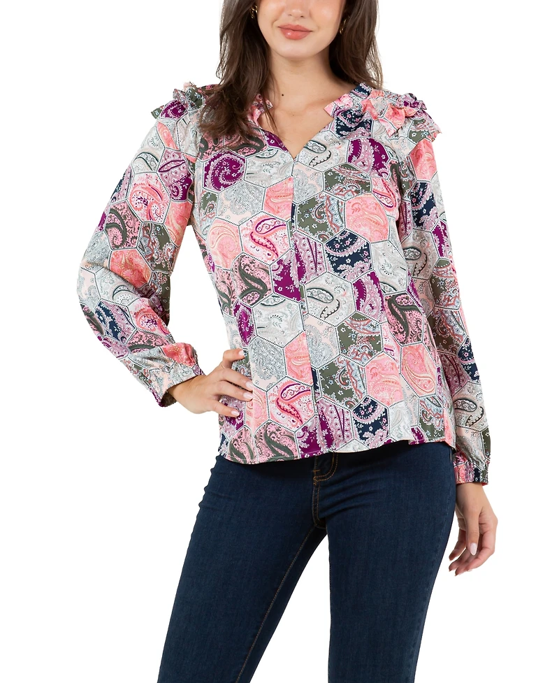 Fever Women's Print Satin Like Top with Ruffle Shoulder Detail