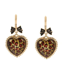 Betsey Johnson Gold-Tone Leopard Animal-Print Heart Drop Earrings