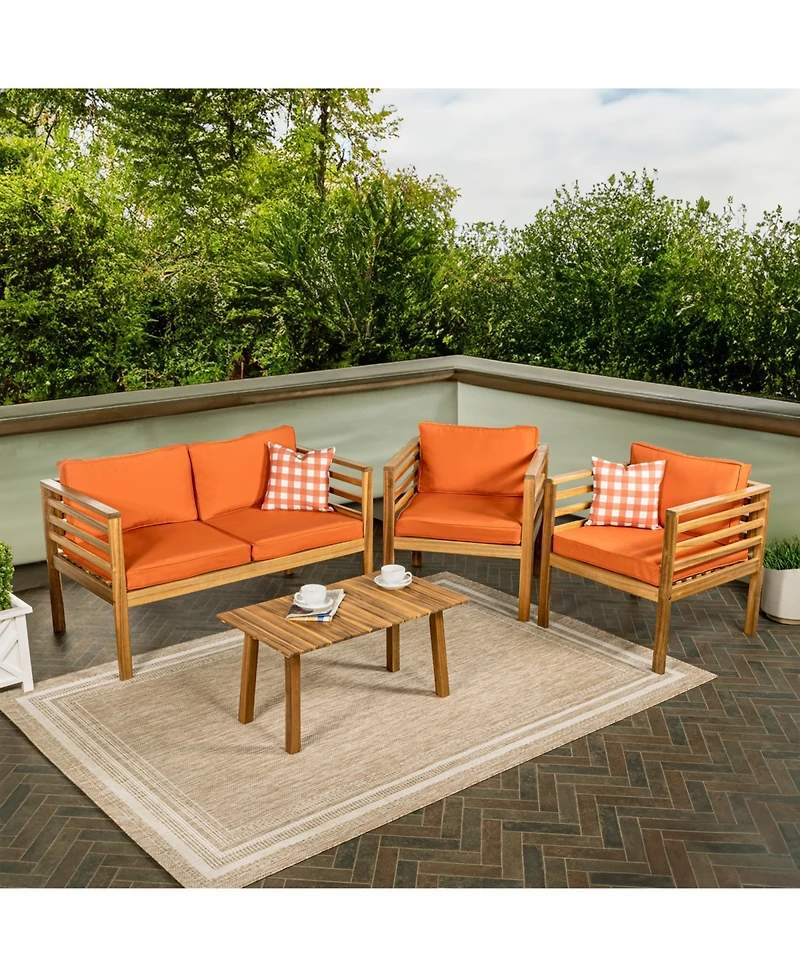 Jonathan Y Thom 4-Piece Mid-Century Modern Acacia Wood Outdoor Patio Set with Cushions and Plaid Decorative Pillows, Gray/Teak Brown