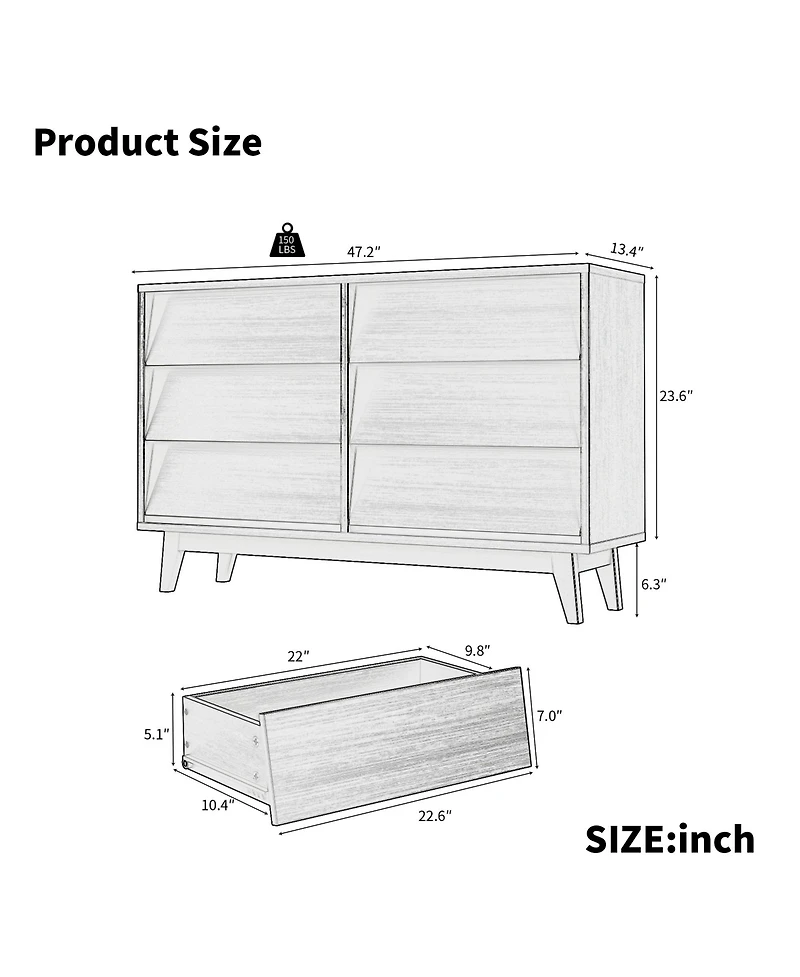 Streamdale Furniture Vintage-Style 6 Drawer Double Dresser with Bevel Design