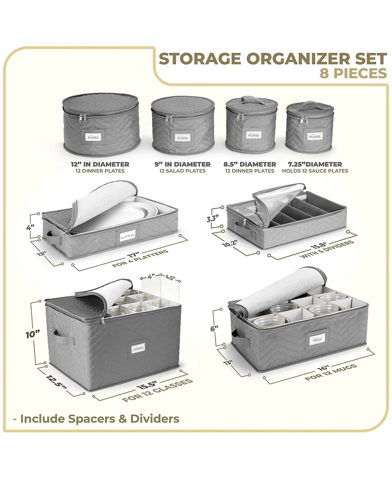 Sorbus 8 Piece Quilted China Dinnerware Storage Cases - for Dinnerware, Mugs, Cups (Gray)