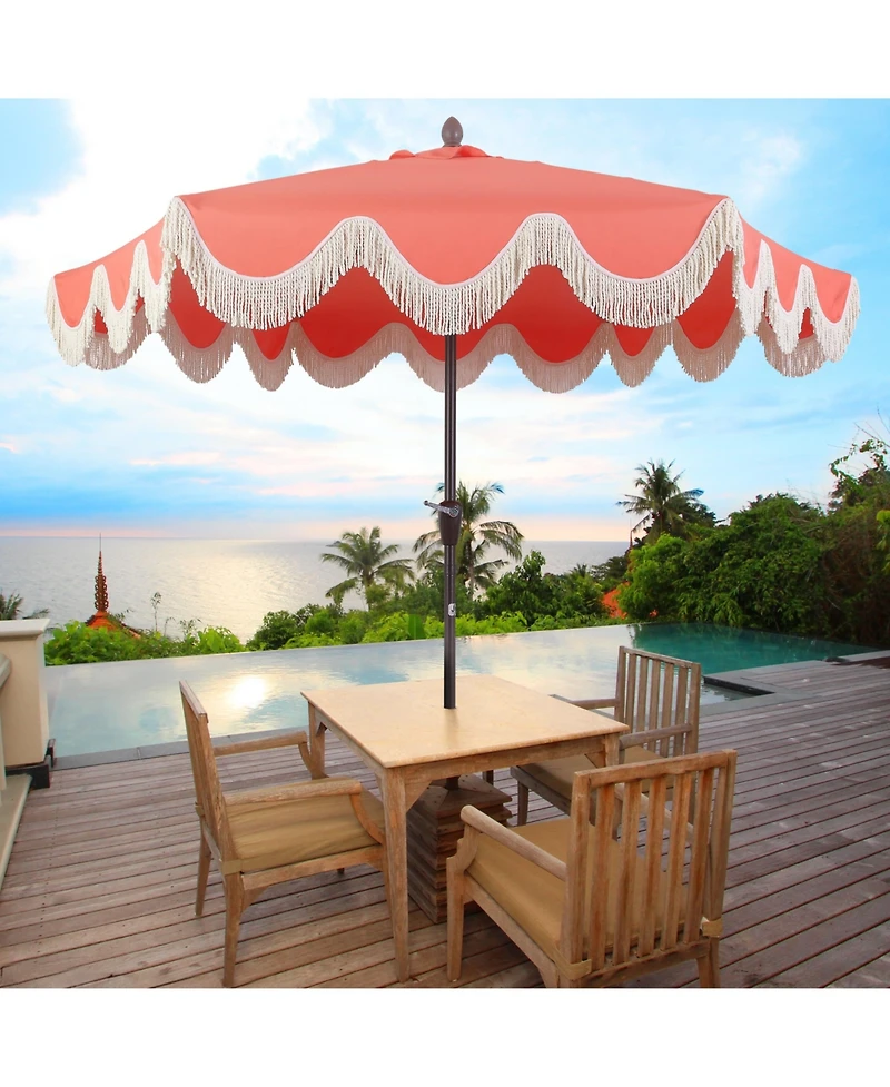Jonathan Y 9ft Tassel Market Patio Umbrella Auto-Tilt, Crank, Wind Vent Uv Protection