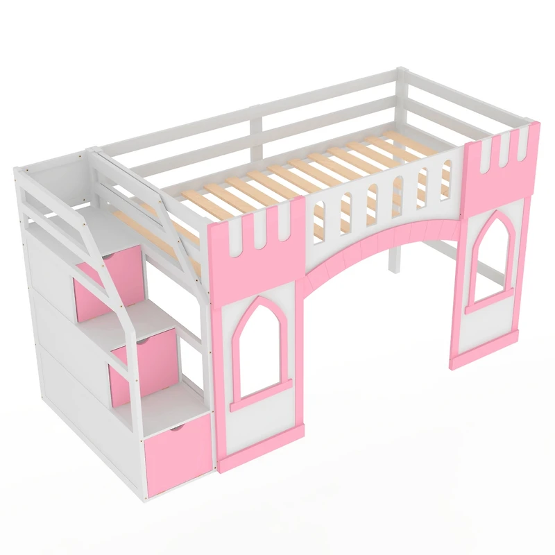 Streamdale Twin Size Loft Bed with Storage Staircase and Window, White