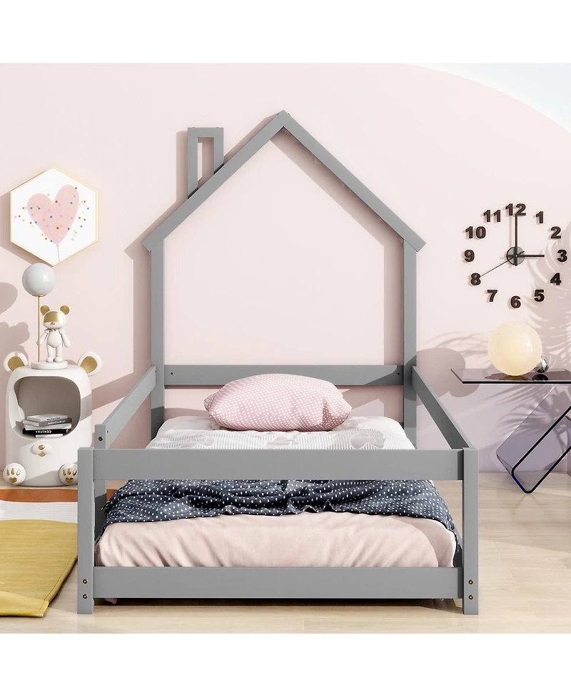 Streamdale Twin-Size Wood Floor Bed with House Headboard and Fences