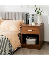2-Tier Modern Wooden Nightstand with Storage Drawer and Open Cabinet