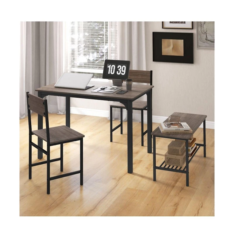 4 Pieces Rustic Dining Table Set with 2 Chairs and Bench