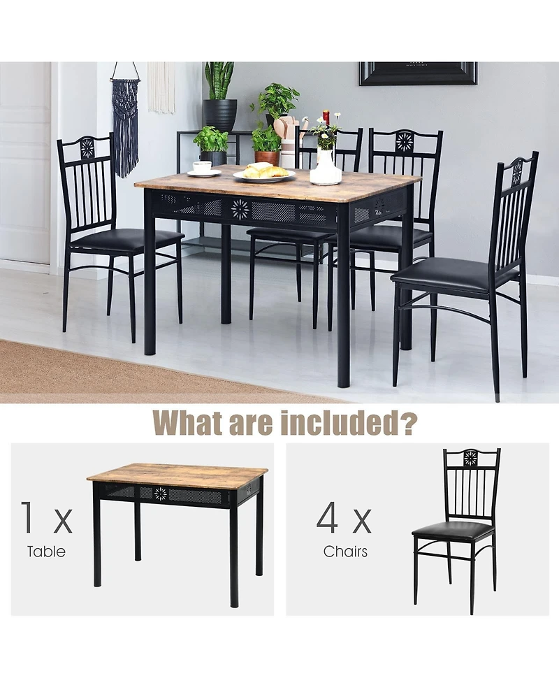 Sugift 5 Pieces Dining Set Wood Metal Table and 4 Chairs with Cushions