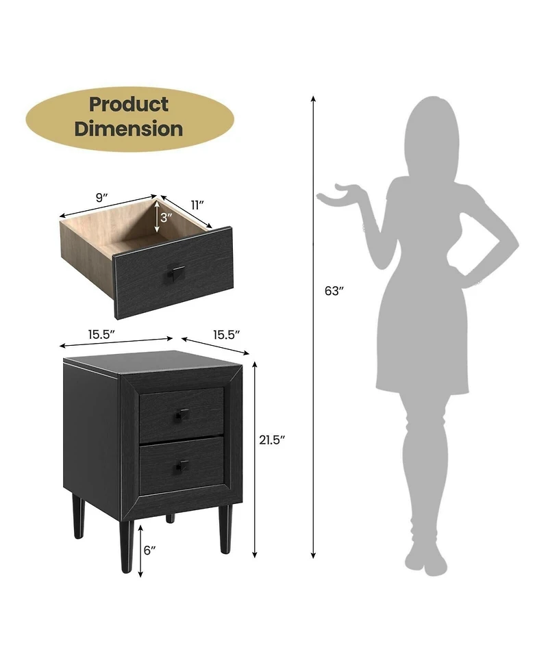 Sugift 2 Pieces Multipurpose Retro Nightstand Set with Drawers