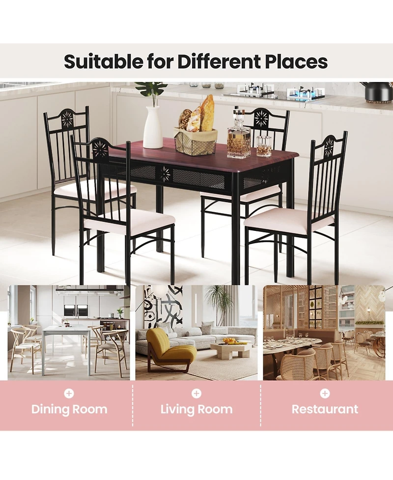Sugift 5 Pieces Dining Set Wood Metal Table and 4 Chairs with Cushions