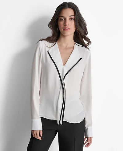 Dkny Women's Long Sleeve Trimmed Lapel Blouse, Regular & Petite