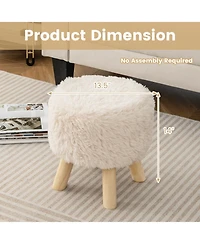 Round Footstool Ottoman Faux Fur Footrest with Padded Seat and Rubber Wood Legs