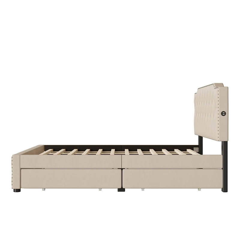 Streamdale Gray Linen Platform Bed with Usb Ports & Drawers