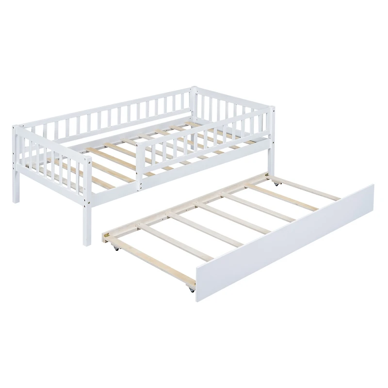 Streamdale Twin Size Wood Daybed With Trundle And Fence Guardrails