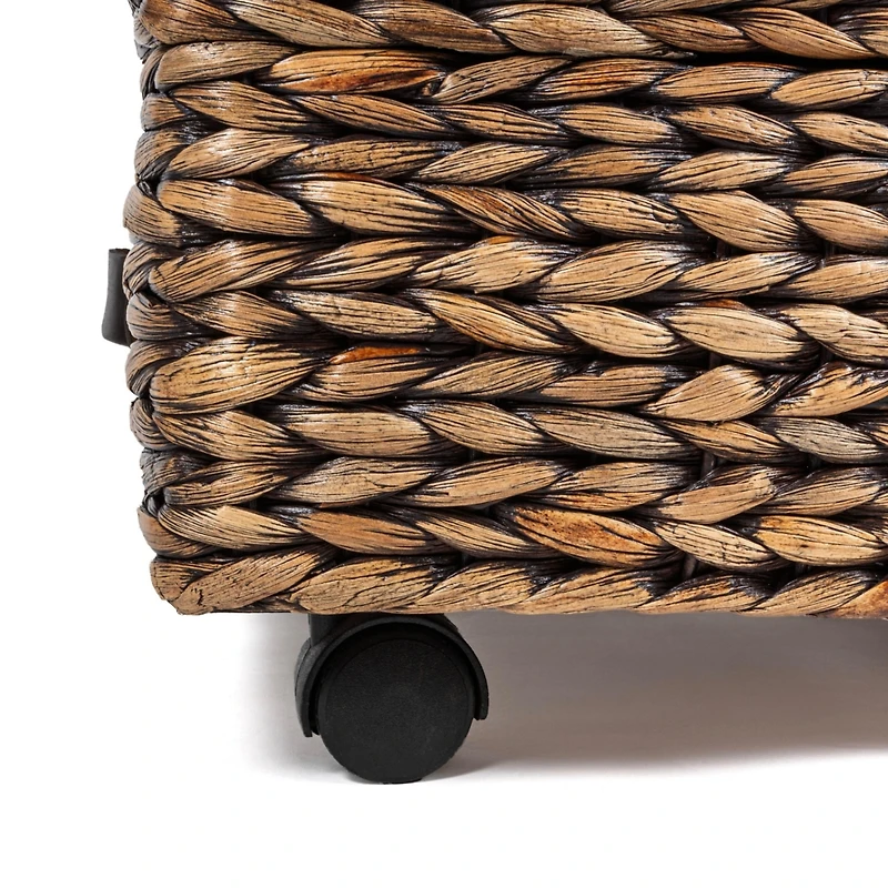 Chett 26.38" Minimalist Hand-Woven Hyacinth/Wood Underbed Storage Bin with Wheels and Handles