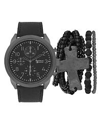 American Exchange Men's Black Leather Strap Analog Watch 51mm with Stackable Bracelets Gift Set