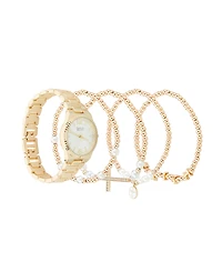 American Exchange Women's Shiny Gold Metal Alloy Analog Watch 33mm with Stackable Bracelets Gift Set