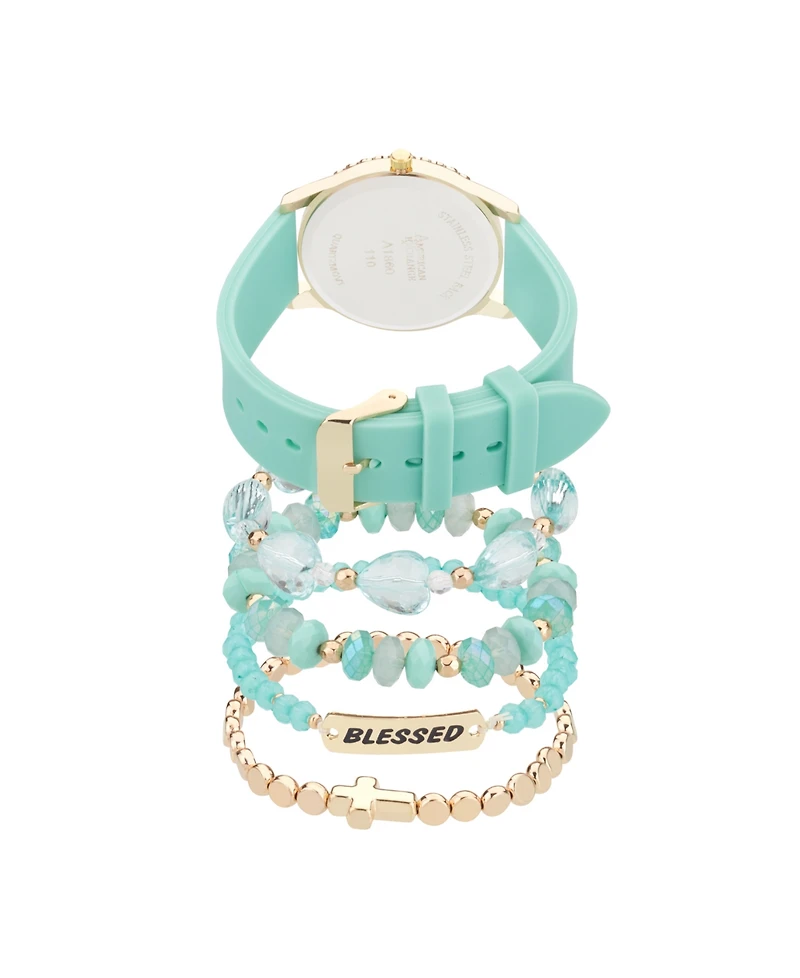 American Exchange Women's Matte Teal Silicone Strap Analog Watch 38mm with Stackable Bracelets Gift Set