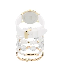 American Exchange Women's Matte White Silicone Strap Analog Watch 38mm with Stackable Bracelets Gift Set