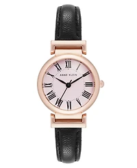 Anne Klein Women's Quartz Black Classic Leather and Rose Gold-Tone Alloy Metal Strap Watch, 28mm