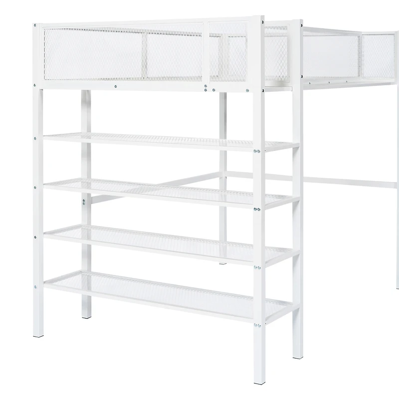 Streamdale Twin Size Metal Loft Bed With 4Tier Shelves And Storage, White