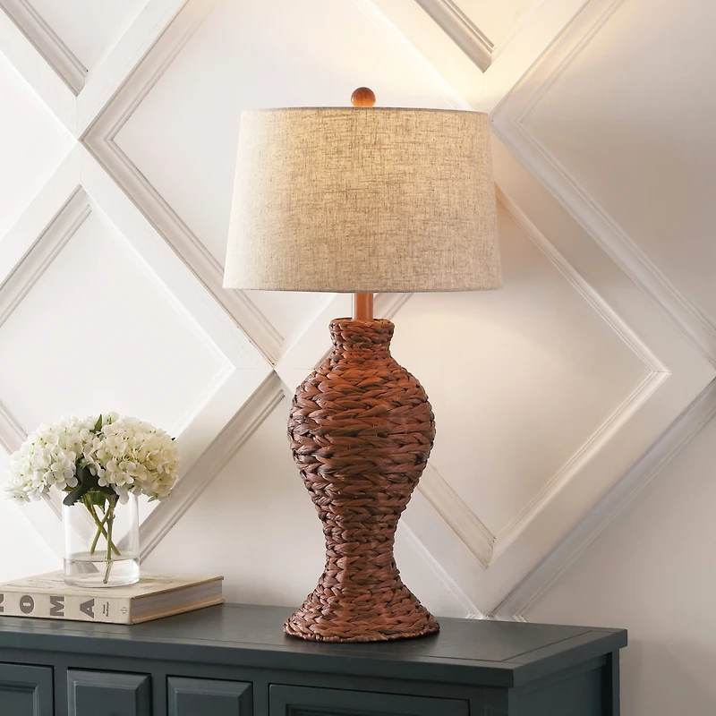 Jonathan Y Elicia 31" Coastal Cottage Water Hyacinth Weave Led Table Lamp, Dark Brown