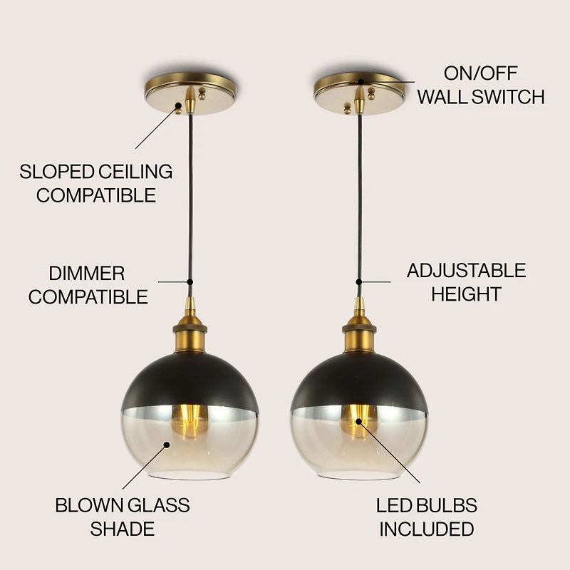 Jonathan Y Nixon 7.5" 1-Light Mid-Century Modern Metal/Glass Adjustable Drop Globe Led Pendants, Brass Gold/Black (Set of 2)
