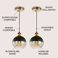 Jonathan Y Nixon 7.5" 1-Light Mid-Century Modern Metal/Glass Adjustable Drop Globe Led Pendants, Brass Gold/Black (Set of 2)