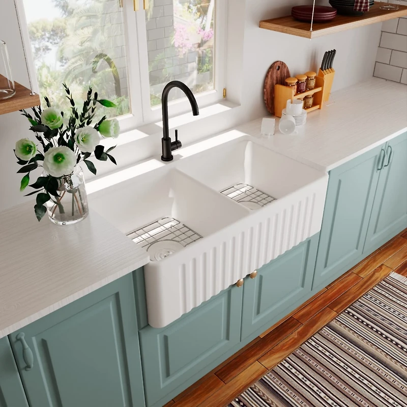 Streamdale Fireclay Double Basin Farmhouse Kitchen Sink (33"L x 20"W)