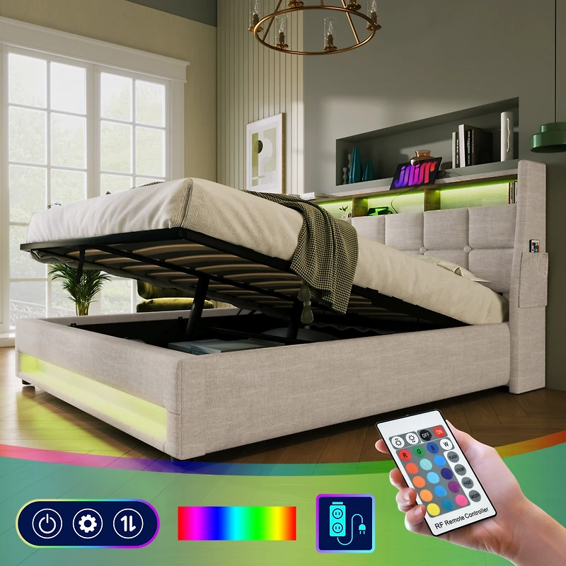 Streamdale Queen Upholstered Platform Bed with Storage, Led, Usb