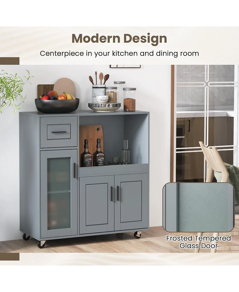 Rolling Kitchen Island with Wheels Drawer and Glass Door Cabinet