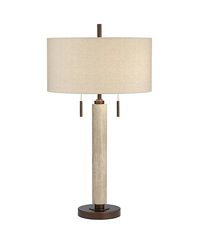 Franklin Iron Works Hugo Industrial Table Lamp 28 1/2" Tall Whitewashed Wood with Usb Charging Port and Dimmer Oatmeal Fabric Shade for Bedroom H