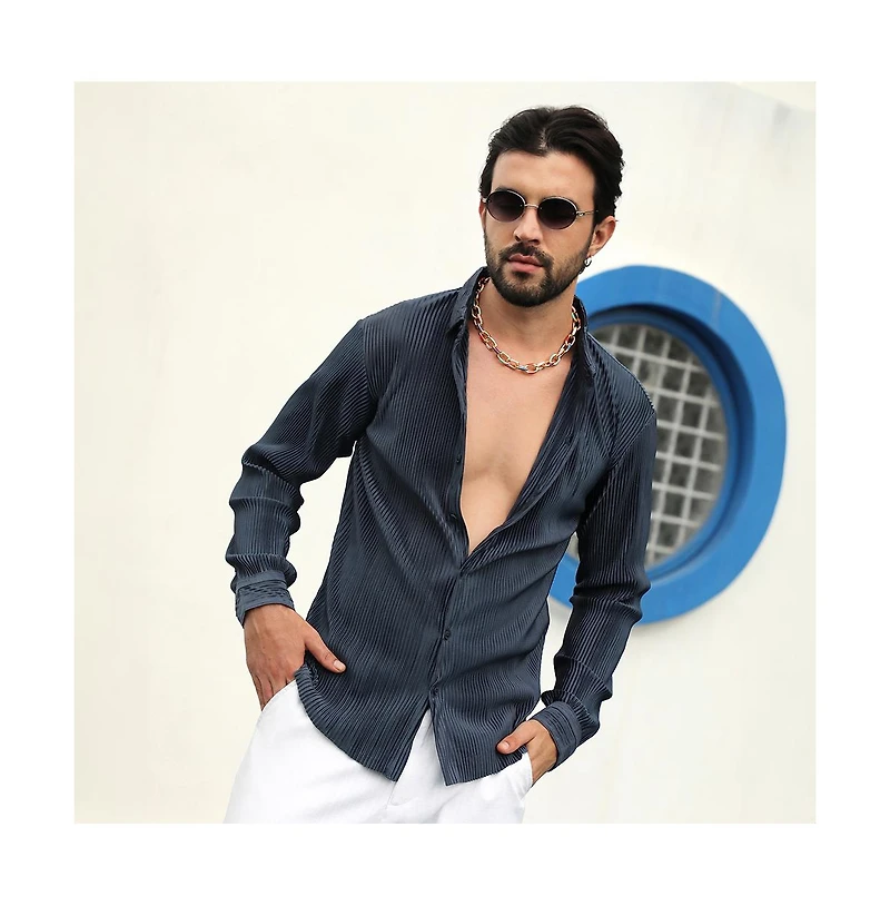 Men's Navy Blue Pleat-Creased Shirt