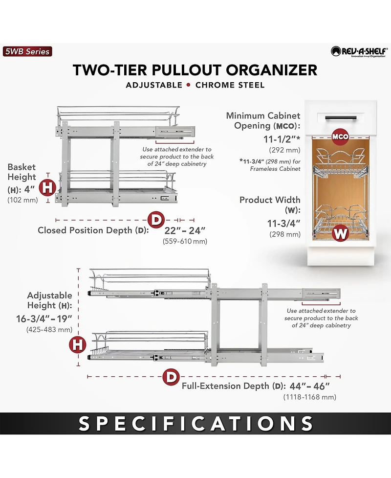 Rev-a-Shelf Kitchen Cabinet Pull Out Shelf Organizer, 12 x 22 In, 5WB2-1222CR-1