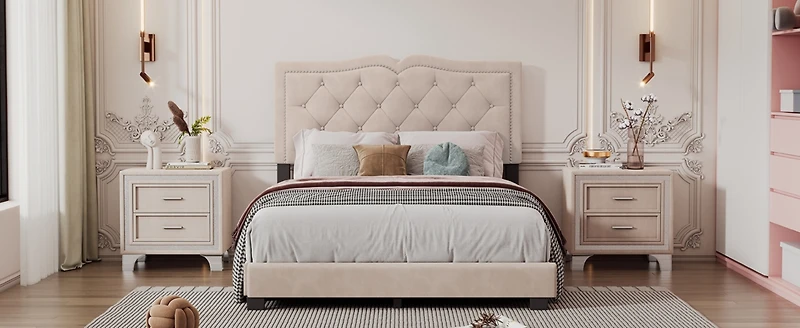Streamdale Modern Gray Velvet Bed with Rivet Design & Tufted Headboard