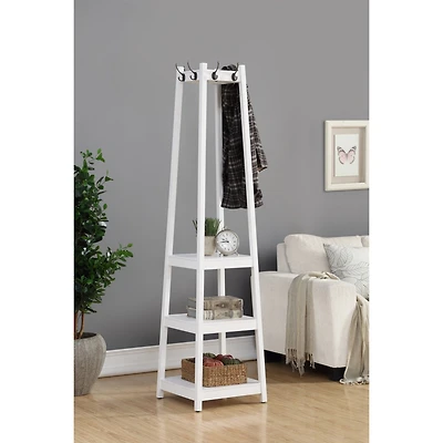 Coat Rack w/ 3-Tier Storage Shelves in White Finish