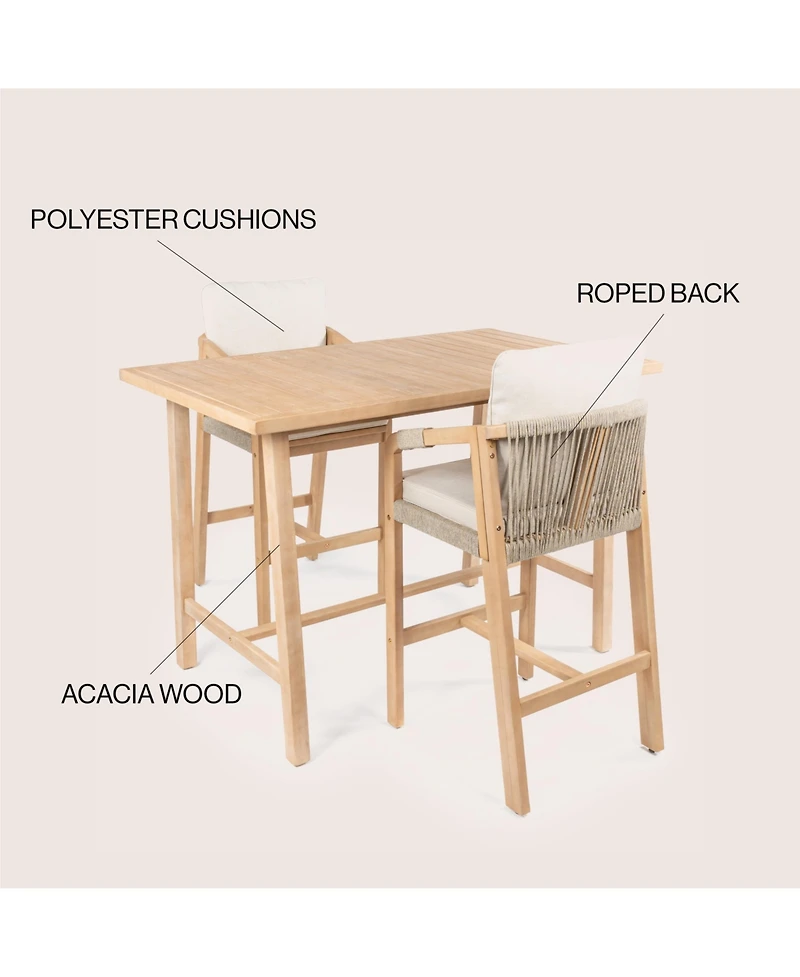 Porto Modern Coastal 3-Piece Acacia Wood Outdoor Square Bar Table Set with Cushions