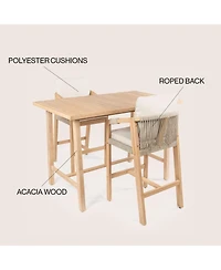 Porto Modern Coastal 3-Piece Acacia Wood Outdoor Square Bar Table Set with Cushions